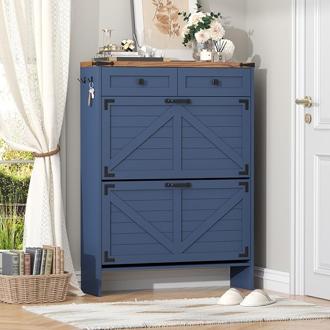 Shoe Storage Cabinet with Deodorizing Function, Farmhouse Narrow Hidden Shoe Rack Organizer Cabinet with 2 Flip Drawers & 2 Storage Drawers for Entryway, Hallway, Living Room, Blue