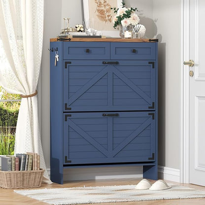 Shoe Storage Cabinet with Deodorizing Function, Farmhouse Narrow Hidden Shoe Rack Organizer Cabinet with 2 Flip Drawers & 2 Storage Drawers for Entryway, Hallway, Living Room, Blue
