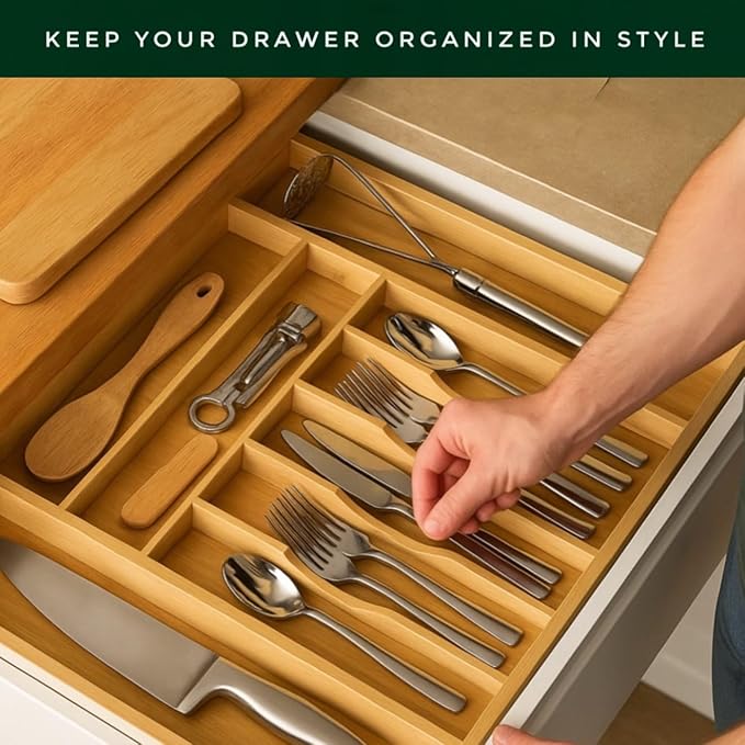 Bamboo Drawer Organizer – Expandable 9 Slot Silverware & Utensil Tray for Kitchen, Office & Kitchen –Fits 13”–19.6” Drawers, Natural Bamboo Wood, Deep Compartments - Durable & Eco-Friendly