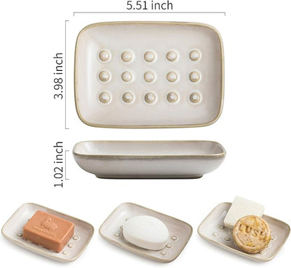 Miamolo Soap Dish for Shower, Ceramic Soap Dish Non-Slip Soap Holder Bar Saver Tray for Bathroom Kitchen Sink, Floating Point Design Save Soap Loss (Pack of 2)