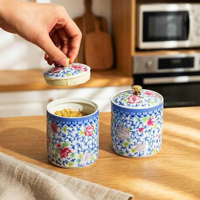2 Pcs Vintage Chinese Ceramic Porcelain Salt Cellar with Lid Ceramic Salt Holder Container for Coffee, Sugar, Spices and Candies, Airtight Spice Jar, Kitchen Storage Dish (Colorful)