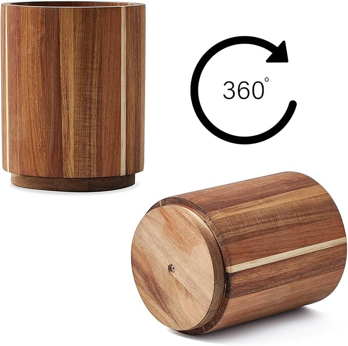 Acacia Wood Utensil Holder, 360° Rotating, Large Countertop Organizer, Farmhouse Kitchen Decor