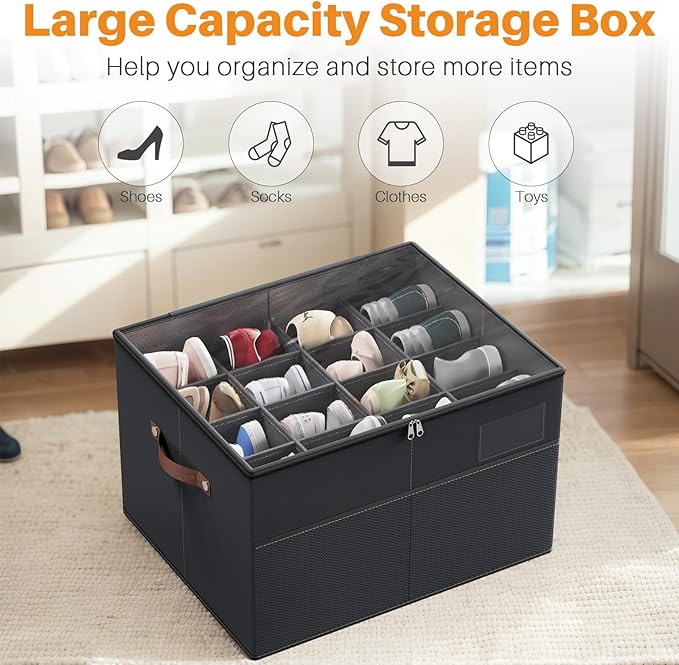 MIFXIN Shoes Organizer for Closet Fit 16 Pairs Large Shoe Box Storage Container Shoe Storage Bin with Clear Cover & Reinforced Handles, Space Saving Shoes Container (Black)