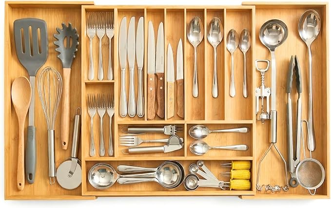 Expandable Kitchen Organizer – Adjustable 33” Wide Utensil Kitchen Drawer with 11 Compartments, Natural Solid Bamboo Construction for Flatware