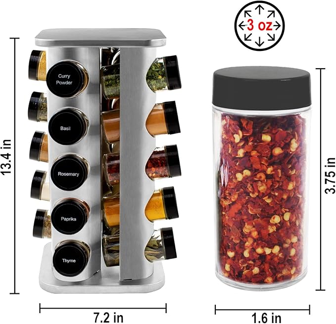 Orii 20 Jar Rotating Spice Rack with Spices Included & 5-Year Free Spice Refill Program – Stainless Steel Countertop Spice Rack with 3 oz Glass Jars