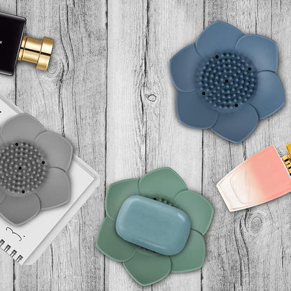 H&R 3 Pack Silicone Soap Holder, Bathroom Soap Tray with Drain, Lotus Shaped - Blue, Green, Grey