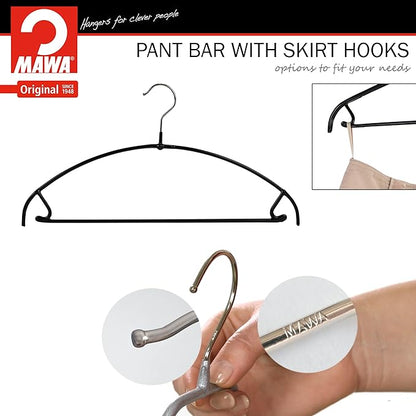 Mawa by Reston Lloyd Euro Ultra Light/Thin Series, Non-Slip Space-Saving Clothes Hanger with Bar & Hooks for Pants and Skirts, Style 42/PTU, Set of 2, Black