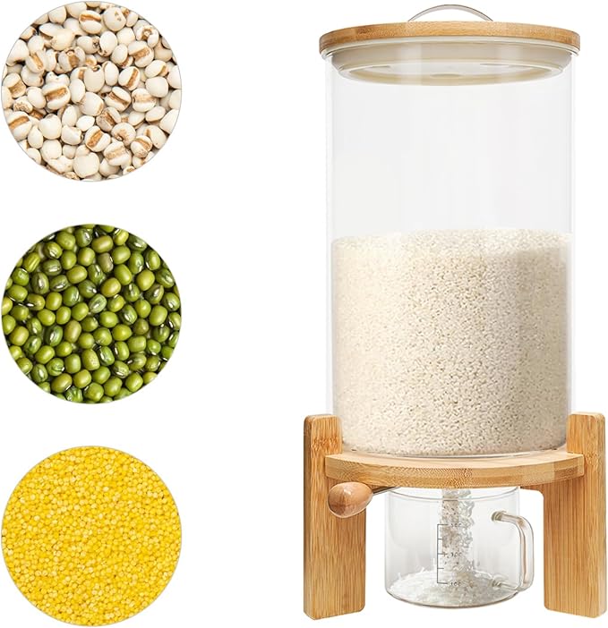 Rice Dispenser, Rice Storage Container, Glass Dry Food Storage Container with Bamboo Lid & Bottom Dispenser Valve, Kitchen Pantry Organizer for Rice, Cereal, Pet Food, Includes Measuring Cup (7.5L)