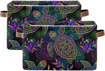 Large Storage Basket Bin Mandala Sea Turtle Storage Cube Box Foldable Canvas Fabric Collapsible Organizer with Handles for Home Office Closet, 2PCS