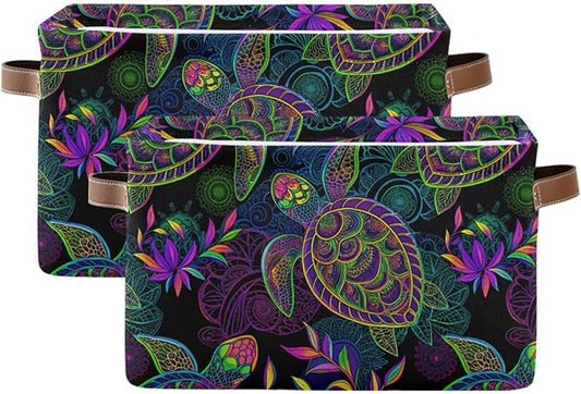 Large Storage Basket Bin Mandala Sea Turtle Storage Cube Box Foldable Canvas Fabric Collapsible Organizer with Handles for Home Office Closet, 2PCS