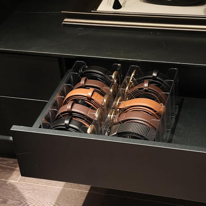 Belt Organizer - 2 Pack Clear Stackable Belt holder For Closet Drawer Storage - 5 Compartments with Removable Dividers, Multi-Purpose Display Bins With Inserts For Ties,Socks,underwear (2)
