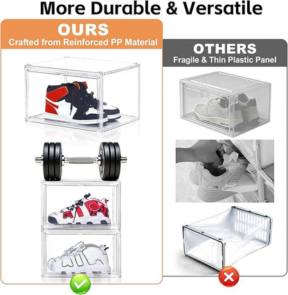 BVBOX Acrylic Shoe Storage Boxes with Magnetic Door - 360° Clear Stackable Shoe Display Box Set, Plastic Shoe Cabinet Rack Box for Sneakers Heels Shoes (1, Clear, XL - Side Open)