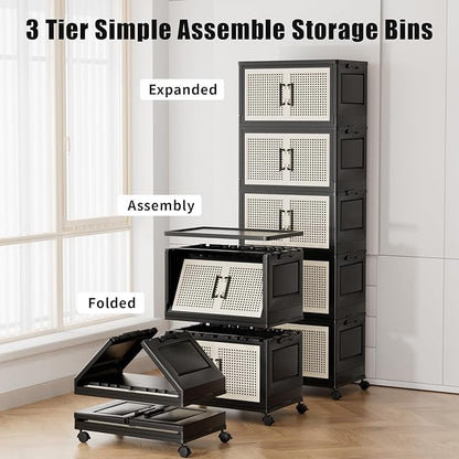 Storage Bins with Lids, Stackable Storage Containers with Lids, Collapsible Plastic Bins, Closet Organizers and Storage with Wheels and Magnetic Door for Home Office Dorm (5 Pack)