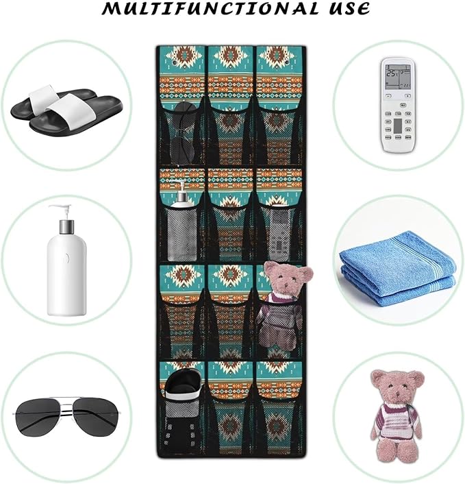 Foldable Over the Door Organizer with 12 Pockets, Storage Hanging Bag Behind the Door, Space Saving Design for Small Spaces, Aztec Tribal Ethnic Style