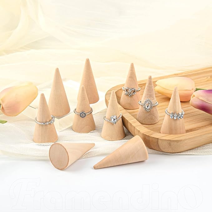 Framendino, 25 Pack Wooden Cone Ring Holder Wood Display Stand Organizer Holders Jewelry DIY Craft