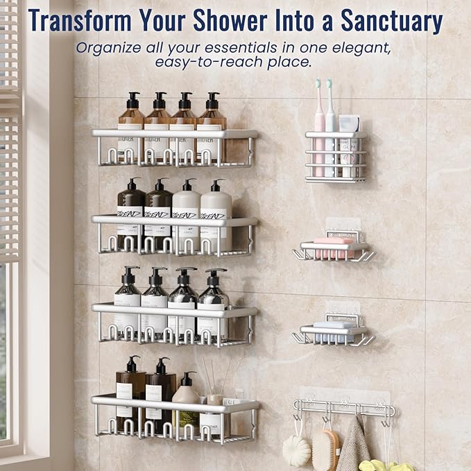 8 Pack Adhesive Rustproof Shower Caddy with Soap Dishes, Toothbrush Holder & Hooks, Large Capacity No-Drilling Shower Shelves Rack for Bathroom Organizers and Storage Accessories, Silver