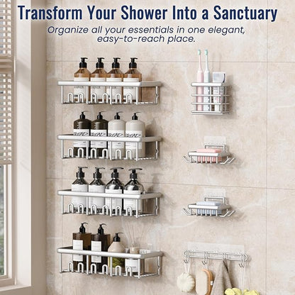 8 Pack Adhesive Rustproof Shower Caddy with Soap Dishes, Toothbrush Holder & Hooks, Large Capacity No-Drilling Shower Shelves Rack for Bathroom Organizers and Storage Accessories, Silver
