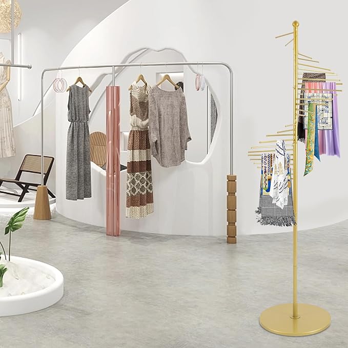 67" Gold Retail Display Tie & Scarf Rack, Belt Hanger & Pants Racks Towel Organizer Hanging Bar, Floor Standing Tie Racks Scarves Rack Necktie Holder for Home Clothing Store Commercial