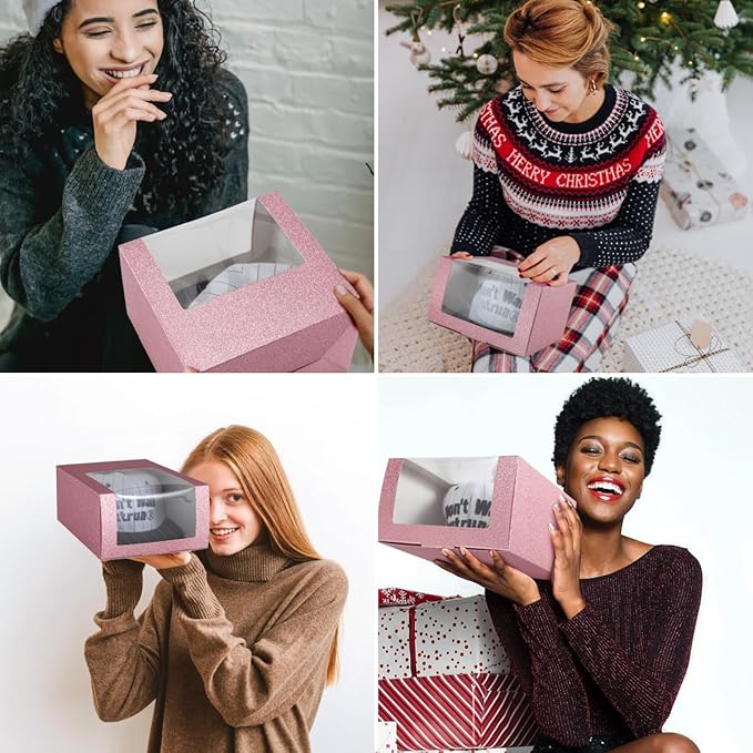 LADYBRO 10 Pack 7.8" x 7.8" x 4.8" Black Gift Boxes with Window Display for Hat Storage Containter for Baseball Caps (Fitted, Snapbacks, Trucker) (Glitter Pink, 7.8" x 7.8" x 4.8")