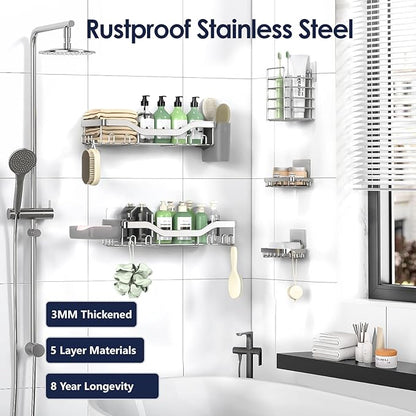 NESOMI Shower Caddy Adhesive Shower Organizer 7-Pack, Rustproof Stainless Steel Bathroom Shelves, Large Capacity No-Drill Rack Storage Accessories with Soap Dish Toothbrush Holder Hooks