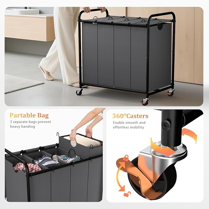 Laundry Sorter 4 Sections 48 Gal, Rolling Laundry Basket with Lockable Wheels and Lid, Laundry Hamper with 4 Separated Removable Bags Dirty Clothes Hamper for Laundry Room Organizer, Grey