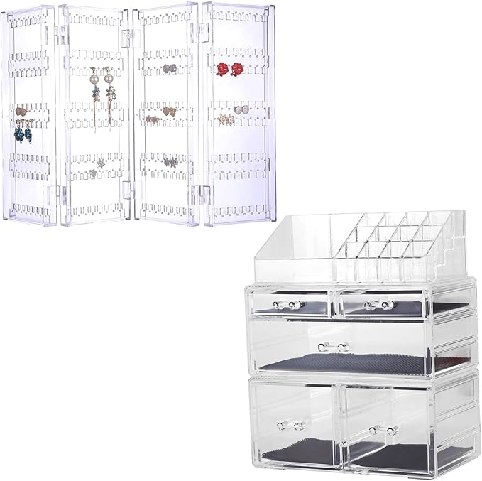 Sooyee 4 Doors Foldable Necklace Hanging Jewelry Organizer Double Sided Stand Display & 3 Pieces Clear Acrylic Cosmetic Storage Drawers and Jewelry Display Box,Clear