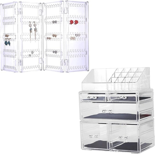 Sooyee 4 Doors Foldable Necklace Hanging Jewelry Organizer Double Sided Stand Display & 3 Pieces Clear Acrylic Cosmetic Storage Drawers and Jewelry Display Box,Clear