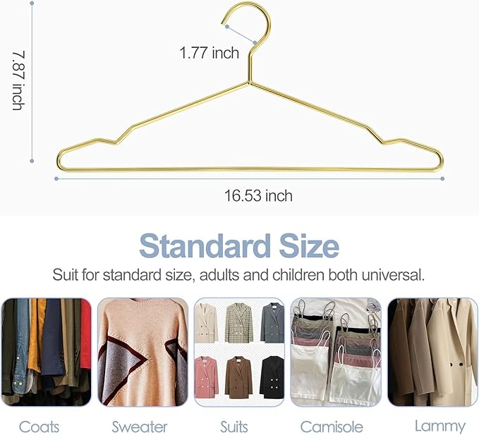 SPECILITE Metal Wire Clothes Hangers Bulk 60 Pack with Notches for Standard Size Coats, Shirts, Suits, Pants, Heavy Duty, Space-Saving, Gold