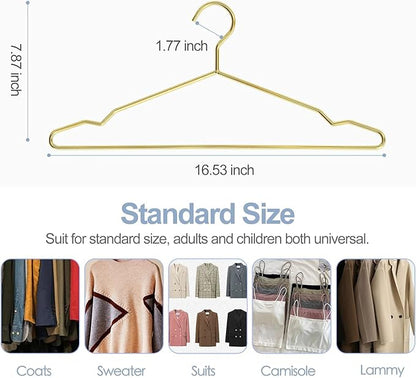SPECILITE Metal Wire Clothes Hangers Bulk 60 Pack with Notches for Standard Size Coats, Shirts, Suits, Pants, Heavy Duty, Space-Saving, Gold