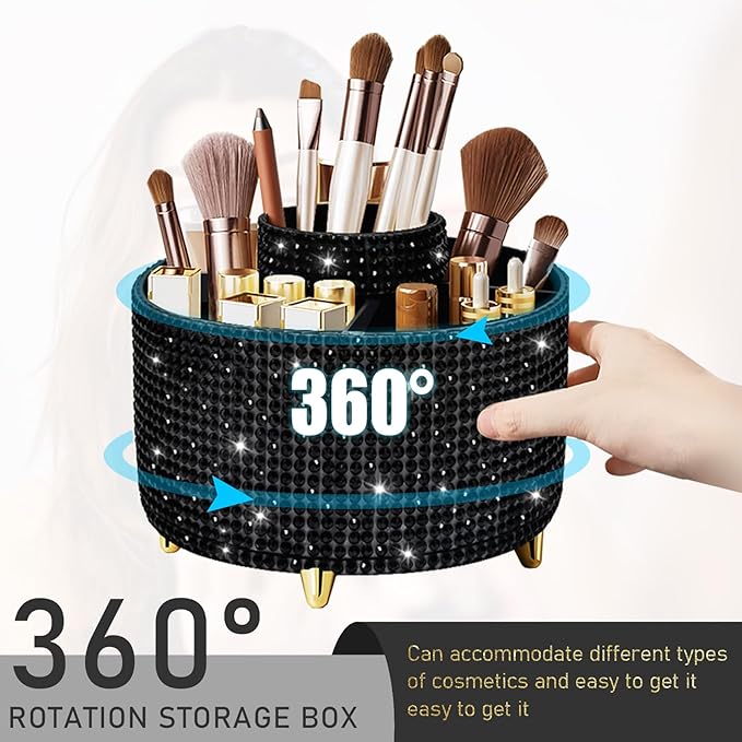 Diesisa Bling Makeup Organizer: 360°Rotating Bling Rhinestone Cosmetic Display Cases -Diamond Makeup Brush Holder - 5 Slot Cup for Cosmetics - Bling Lipstick Organizer - Gift for Women - Diamond Black
