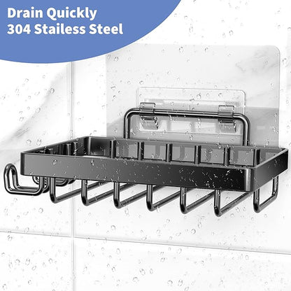 Moforoco Black Soap Dish, Soap Bar Holder for Shower, No Drilling Bathroom Accessories, Wall Mounted Soap Holder with Hooks, Shower Rack Tray Bar for Suitable for Bathroom, Kitchen Sink