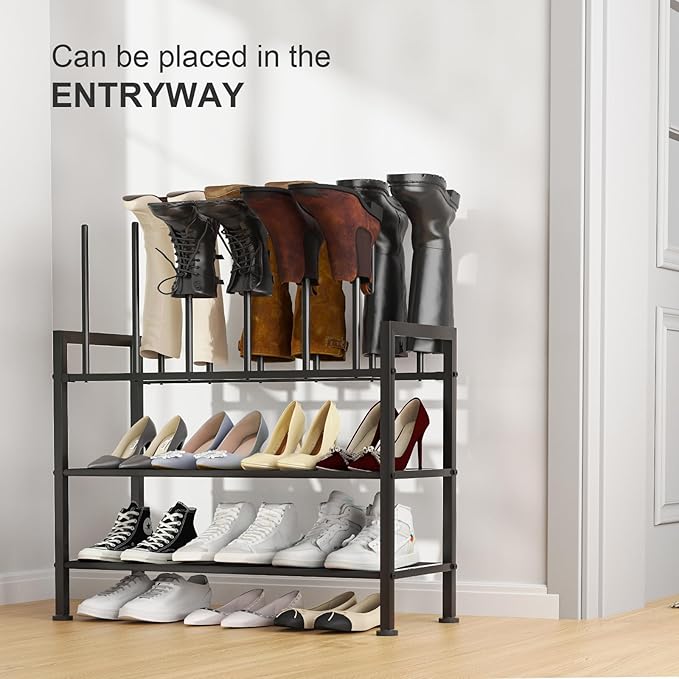 DIMJ Free Standing Shoe Racks - 4-Tier Boot Rack, Black Metal Boot Storage Organizer Tall Boots, Tall Boot Organizer for Closet, Multiuse Shoe Rack for Boots, Sneakers,Fit for 6 Pairs Boots, Black