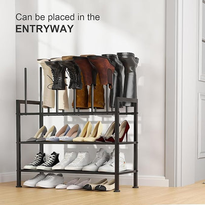 DIMJ Free Standing Shoe Racks - 4-Tier Boot Rack, Black Metal Boot Storage Organizer Tall Boots, Tall Boot Organizer for Closet, Multiuse Shoe Rack for Boots, Sneakers,Fit for 6 Pairs Boots, Black
