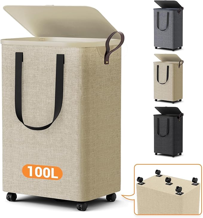 Laundry Basket with 5 Wheels, Tall Dirty Laundry Hamper, Rolling Laundry Basket with Lid, Large 100L Collapsible Clothes Hamper for Laundry Room Bedroom Bathroom Dorm, Khaki