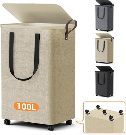 Laundry Basket with 5 Wheels, Tall Dirty Laundry Hamper, Rolling Laundry Basket with Lid, Large 100L Collapsible Clothes Hamper for Laundry Room Bedroom Bathroom Dorm, Khaki