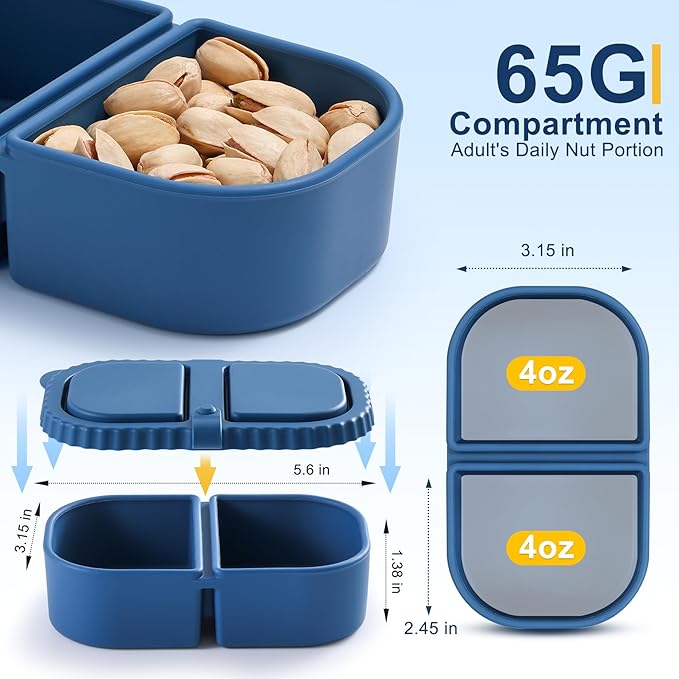 4 Pack Silicone Reusable Snack Containers with Lids - 8 oz Double Compartment Snackle Box for Kids & Adults, BPA-Free & Leakproof, Small for Dressing, School, Office