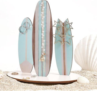 Surfboard Jewelry Holder Stand, Wooden Ocean Beachy Themed Necklace Bracelet Organizer Coastal Beach Christmas Decor Accessories for Women Hawaii Surfer Room Gift (Blue)