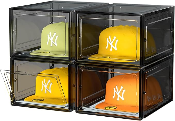 SCAVATA Hat Organizer Box, Stackable Clear Baseball Caps Holder Box Containers with Magnetic Door for Hats Snapback Cap Storag, Hat Rack Display Case, Holds 8 Hats Each (Black, 4 Pack)