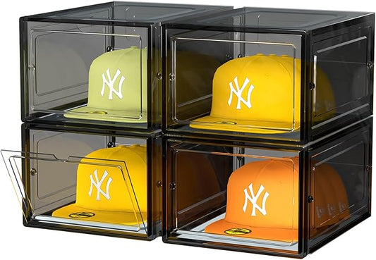 SCAVATA Hat Organizer Box, Stackable Clear Baseball Caps Holder Box Containers with Magnetic Door for Hats Snapback Cap Storag, Hat Rack Display Case, Holds 8 Hats Each (Black, 4 Pack)