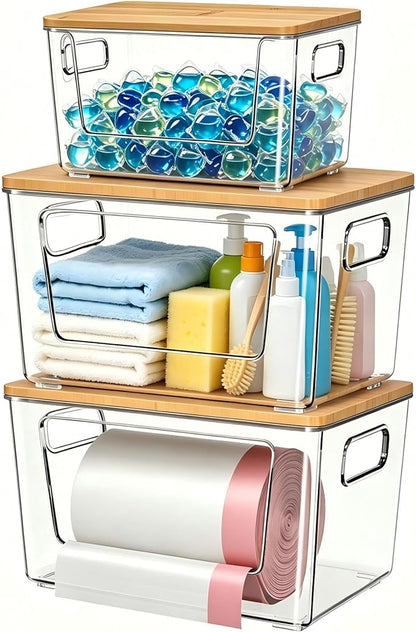spospo 3 Pack Trash Bag Holder with Bamboo Lid, Stackable Trashbag Dispenser, Extra Large Garbage Bag Holder for Kitchen Laundry Room Under Sink Organization and Storage
