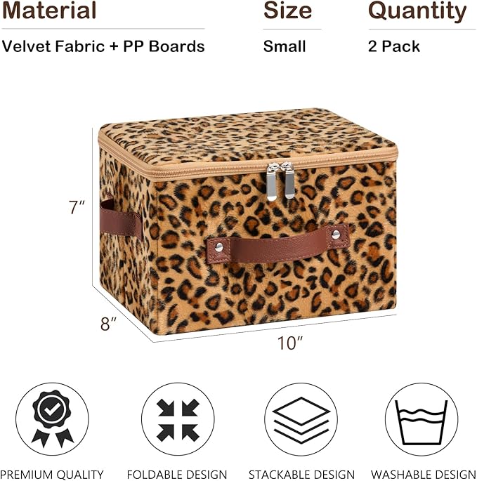 2PCS Storage Bins Boxes with Zipper Lid Leopard Print Cute Velvet Fabric Basket PU Leather Handles PP Plastic Board Foldable Washable Lidded Closet Shelf Organizer Container (Small Size)