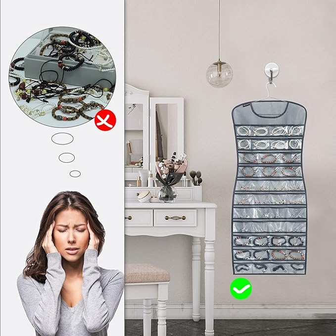 Hanging Jewelry Organizer Dual Sided 84 Clear Pockets and 6 Hook Loops Storage for Holding Jewelries Hair Accessories Dress Shaped Earring Holder (84 Pockets and 6 Hook Loops -Grey)