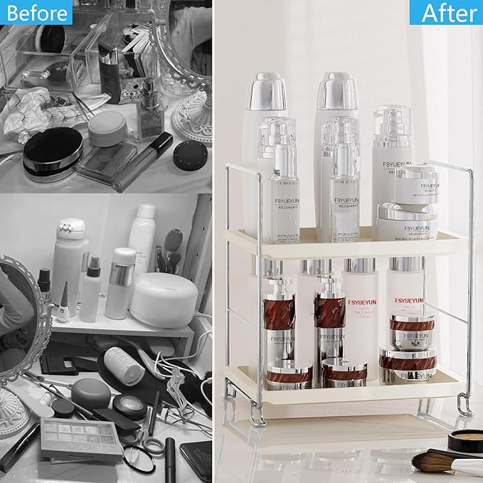 FSyueyun 2-Tier Bathroom Countertop Organizer, Tool-Less Installation Premium Plastics Makeup Shelf Organizer Perfume Skincare for Dresser Vanity Tray Organizers and Storage (Sliver)