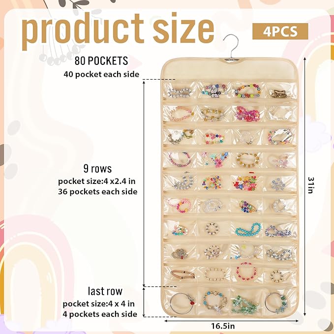 4 Pcs Hanging Jewelry Organizer with 80 Pockets, Dual-Sided Jewelry Holder Hanging Storage Organizer Hanger Closet for Bracelet Necklace Ring Earring Accessories, Beige