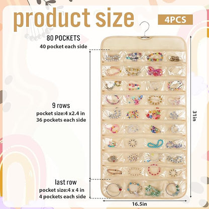 4 Pcs Hanging Jewelry Organizer with 80 Pockets, Dual-Sided Jewelry Holder Hanging Storage Organizer Hanger Closet for Bracelet Necklace Ring Earring Accessories, Beige