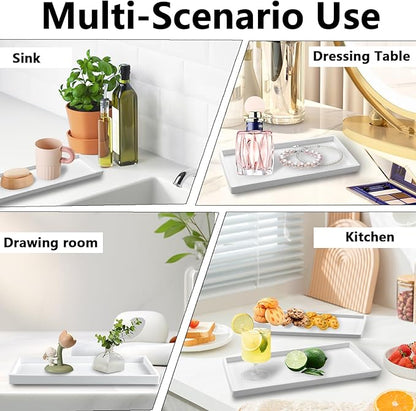 2 Pack Bathroom Tray Countertop, Large 12'' Shatterproof Silicone Vanity Tray Rectangular Toilet Tank Tray, Soap Dispenser Tray Sponge Holder for Kitchen Sink (White)