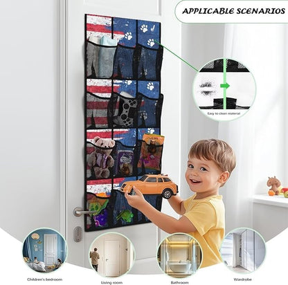 American Flag Over Door Organizer for Stuffies Collapsible Back of Door Shoe Organizer Large Capacity 4 Shelf 12 Clear Pockets Hanging Storage Bag for Shoes Cell Phones Belts Cookies