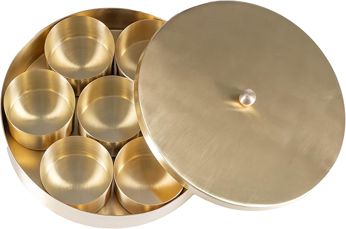 Veda Essentials. Handcrafted Brass Masala Box with 7 Compartments and a Spoon - Indian Spice Organizer with Embossed Lid | Premium Brass Masala Daani (Plain Lid with Matt Finish)