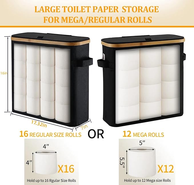 Toilet Paper Basket With Lid for Mega Rolls, Large Bamboo Organizer Holder Stand for Bathroom, Enclosed Tissue Storage Bin Box Container, Free Standing, Beige