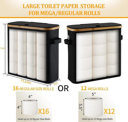 Toilet Paper Basket With Lid for Mega Rolls, Large Bamboo Organizer Holder Stand for Bathroom, Enclosed Tissue Storage Bin Box Container, Free Standing, Beige